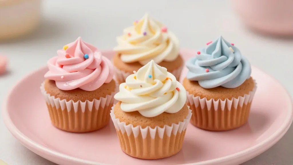 A close-up shot of three ultra-realistic miniature clay cupcakes on a pastel pink ceramic plate, each cupcake displaying detailed textures: soft pastel-colored frosting swirls with tiny edible-looking sprinkles, glossy glaze catching light, delicate shading to create depth, and a thin crisp cake base texture; the background softly blurred to emphasize the minuscule realism, no text.