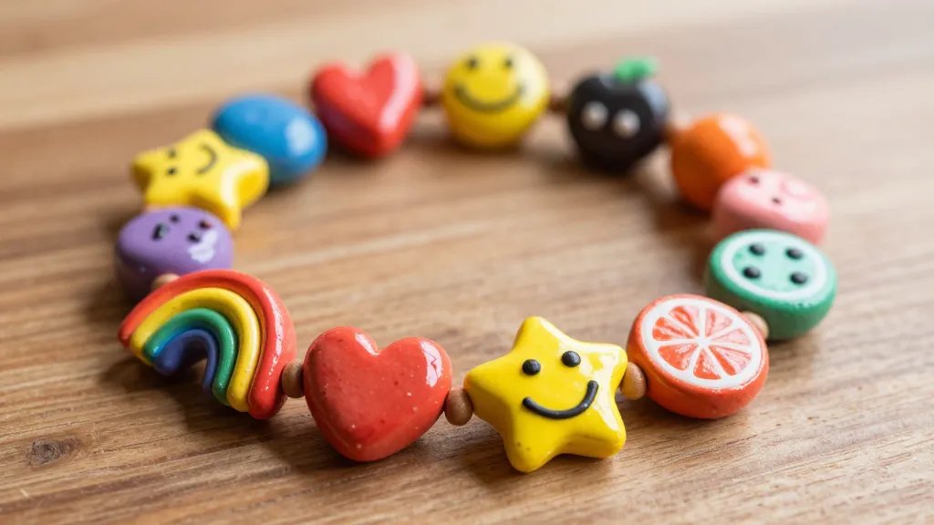 Close-up shot of a handmade clay charm bracelet resting on a wooden surface, featuring a vibrant assortment of tiny, glossy clay charms in the shapes of a rainbow, heart, smiley face, star, and tiny fruit slices, with bright colors and playful textures, natural lighting, and slight bokeh in the background; no text visible.