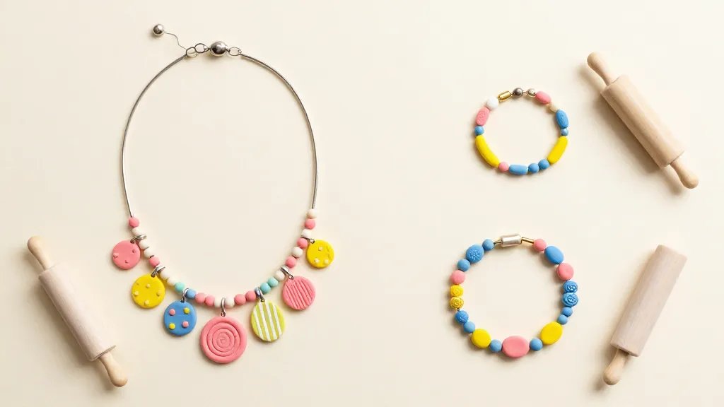 A flat lay scene of a DIY clay charm necklace and bracelet set arranged on a pastel-colored backdrop, including mixed-media charms in candy hues (pinks, yellows, blues), tiny sculpted textures like polka dots and stripes, pair of mini rolling pins and sculpting tools subtly included, airy composition with soft shadows and a cheerful, crafty vibe; no text visible.