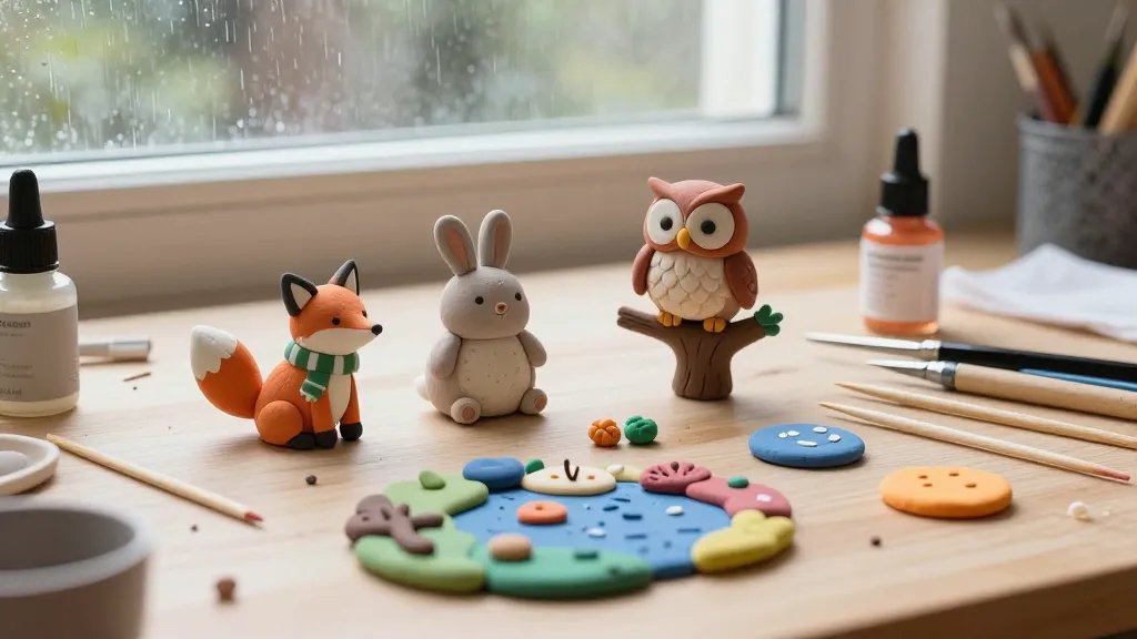 A cozy, rainy-day workshop scene featuring a tabletop with colorful clay pieces: tiny fox wearing a striped scarf, a chubby bunny, and a miniature owl perched on a small branch. Include scattered sculpting tools, a toothpick, and a bottle of gloss varnish, with soft window light and a half-finished mini world in progress. No text in the image.