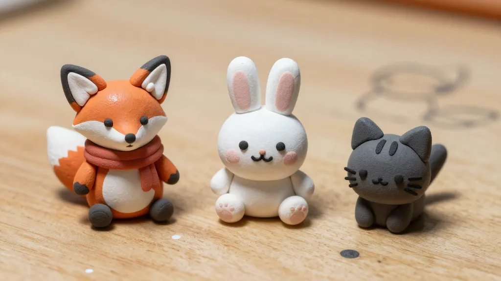 Close-up macro shot of three tiny clay characters (fox with scarf, smiling bunny, and a tiny cat) arranged on a wooden work surface, showing intricate details like subtle shading, tiny beads for accessories, and glossy highlights on the clay to mimic a polished finish. Include a few faint tool marks and a faint sketch background, no text.