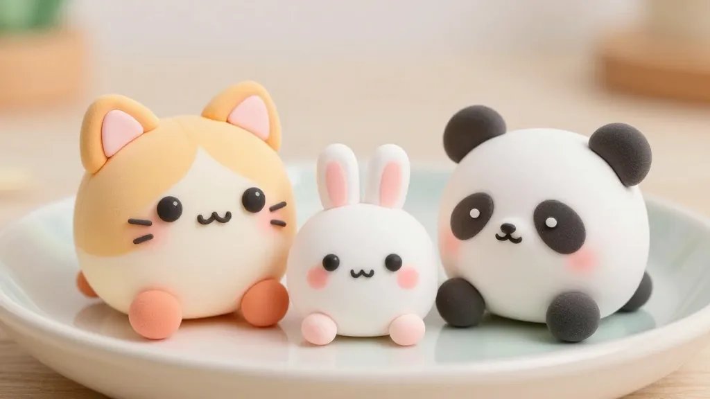 A close-up shot of three kawaii-inspired clay animal figurines (a chubby cat, a tiny bunny, and a round panda) with glossy oversized eyes, soft pastel colors, and subtle gradients, arranged on a lightly textured pastel ceramic plate, with a blurred neutral studio background to emphasize plush-like textures and tiny whiskers.