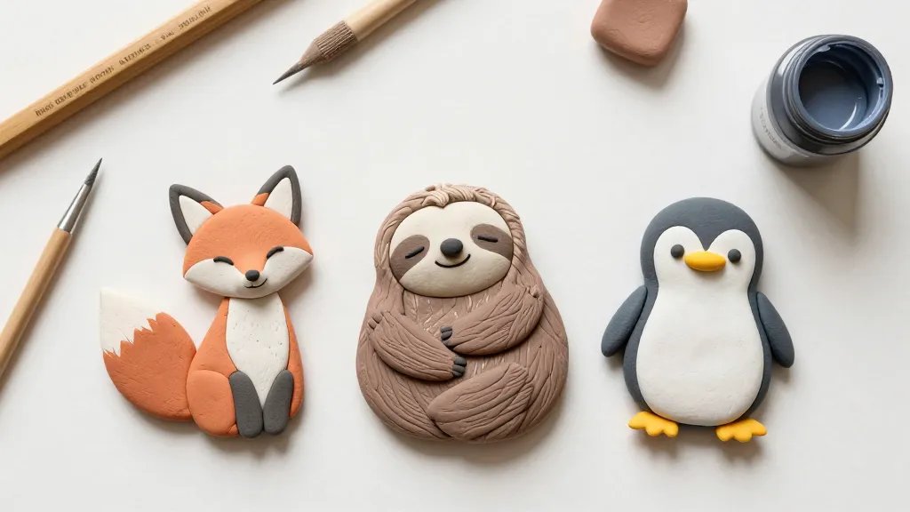 An overhead composition featuring a mini scene of clay creatures—a smiling fox, a sleepy sloth, and a cheerful penguin—all made from smooth clay with pinched details, soft shading, and gentle highlights, set on a pastel crafting workspace with tools and a small glaze jar in the frame, no text or captions.