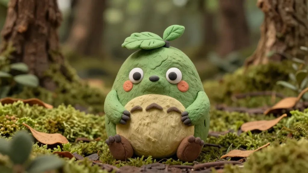 A cute clay forest critter character with a round mossy-green body, tiny paws, and soft brown accents, sitting cozily on a forest floor of faux moss and fallen leaves. Add gentle blush on cheeks, big googly eyes, and a tiny leaf cap perched jauntily on its head. The character should look friendly and curious, with a warm, inviting expression, in a natural woodland setting with dappled light and subtle textures of clay for a handmade look.