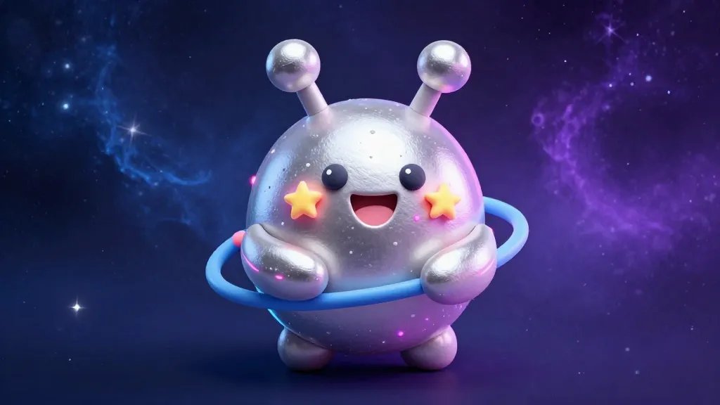 A whimsical clay space pal with a shiny, glossy finish, silver and neon accents, and curious antennae. Give it a compact, plump shape, small star-shaped cheeks that glow faintly, and a wide, goofy smile. Place against a cosmic backdrop of deep space blues and purples with tiny star specks, using smooth gradients and subtle clay texture to emphasize the handcrafted feel. The character should appear playful and endearing, ready for an orbit of hugs.