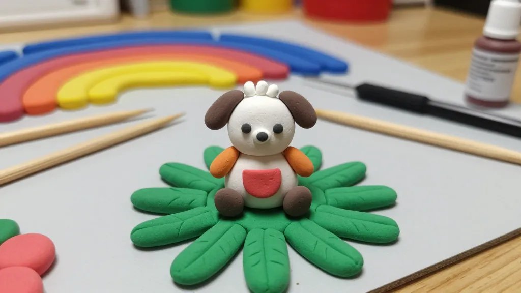 A close-up shot of a tiny clay mascot sitting on a palm-sized desk mat, with colorful polymer clay in the background, tiny sculpting tools (toothpick, needle) scattered neatly, and a small bottle of sealant at the edge. The focus is on the pocket-sized mascot, detailed textures, vibrant colors, soft natural lighting, no text or UI elements in the image.