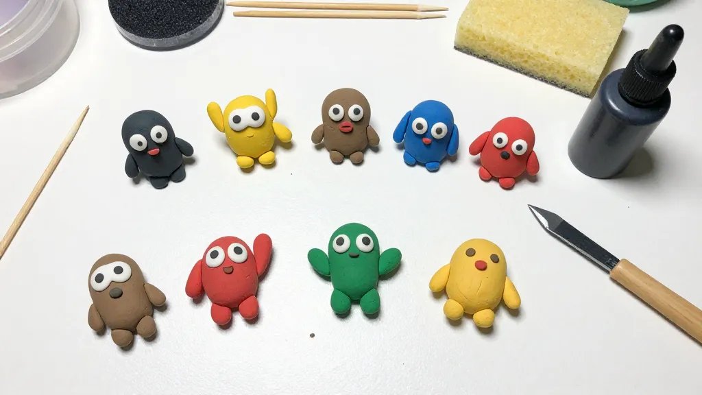 A top-down arrangement of several miniature clay mascots in-progress on a clean work surface: different colors and facial expressions, clay scraps, a small hobby knife and toothpicks, a sanding sponge, and a matte sealant bottle. The scene conveys a compact, organized workspace for finishing tiny mascots, with bright, even lighting and no text.
