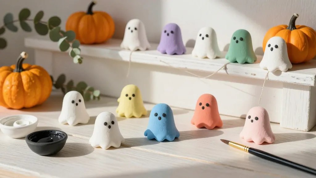 A cozy, sunlit craft table scene featuring a variety of small, squishy clay ghosts in pastel and candy colors. The ghosts have round bodies with friendly black eyes, some are perched on a string as a garland, others arranged on a whitewashed mantel alongside seasonal décor like pumpkins and eucalyptus. Include visible art supplies: air-dry clay, tiny bowls of white and black paint, and a fine-tipped brush, with soft natural shadows for a warm, Instagrammable vibe. No text in the image.