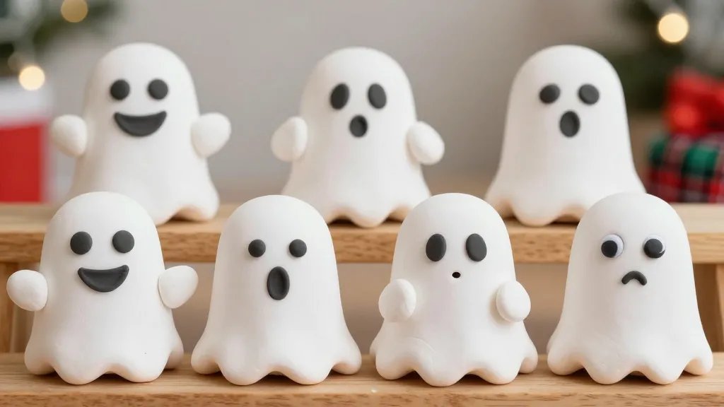 A whimsical close-up composition of 6-8 clay ghosts arranged on a wooden shelf, each ghost with different facial expressions (happy, curious, shy) using black eyes and tiny painted mouths. Some have googly eyes or tiny beads for extra personality. The background shows a subtle, blurred festive backdrop with hints of string lights and plaid accents, emphasizing easy, kid-friendly crafting and colorful variety. No text in the image.