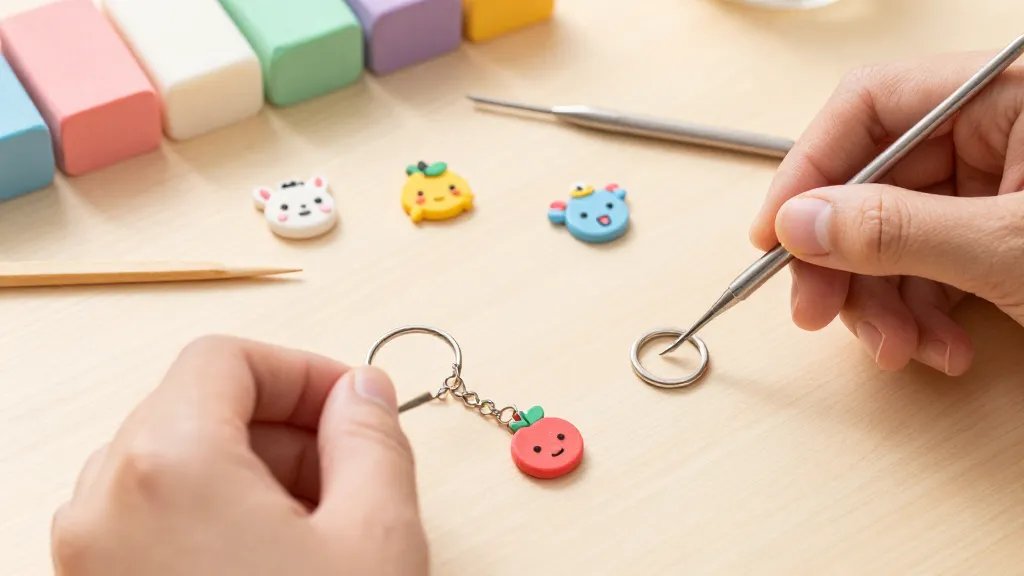 A bright, tabletop workspace showing a close-up of hands shaping small, colorful polymer clay charms (cute animal faces, fruits, and kawaii icons) with basic tools (toothpick, sculpting needle) scattered around, warm lighting, pastel-colored clay blocks in the background, a tiny finished charm attached to a silver jump ring resting next to a keychain chain.