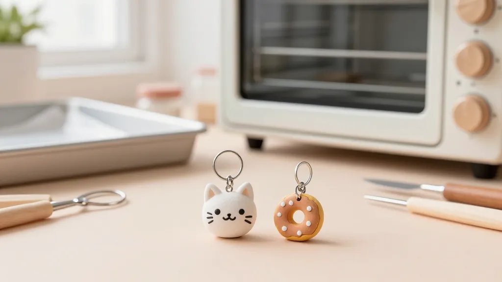 A cozy crafting scene featuring a DIY setup: two finished mini kawaii charms (one smiling cat, one tiny donut) clipped to a keyring, melting-safe oven in the background with a baking sheet lined and ready, all on a soft pastel surface with small jars of clay and basic tools neatly arranged, natural window light.