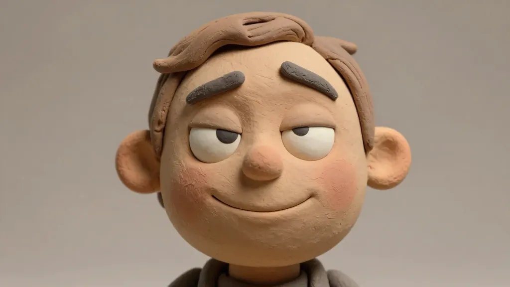 A clay character portrait with a mischievous expression: wide almond-shaped eyes with a subtle half-open gaze, a dramatic arched eyebrow raised high on one side, and a sly, curved smile that hints at “oops”; capture clear texture of the clay, with soft shading on the cheeks and a slightly tousled hairline to emphasize personality, against a neutral studio backdrop.