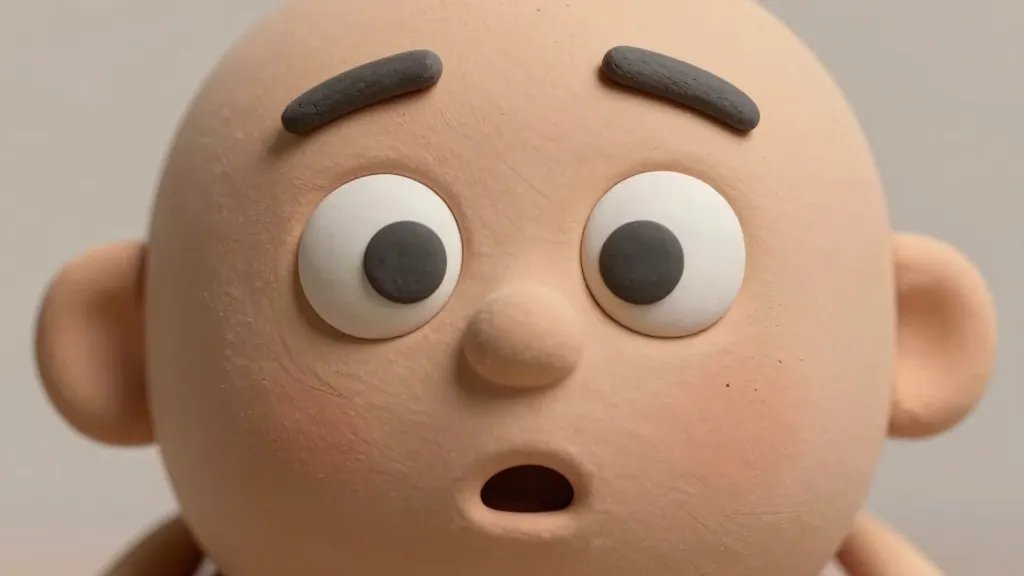 A clay figure conveying astonishment and warmth: large round eyes open wide, eyebrows raised into gentle arches, and a small, rounded mouth forming a surprised grin; include subtle creases at the forehead and around the eyes to enhance emotion, with matte clay finish and minimal shadows to keep the focus on the facial expression.