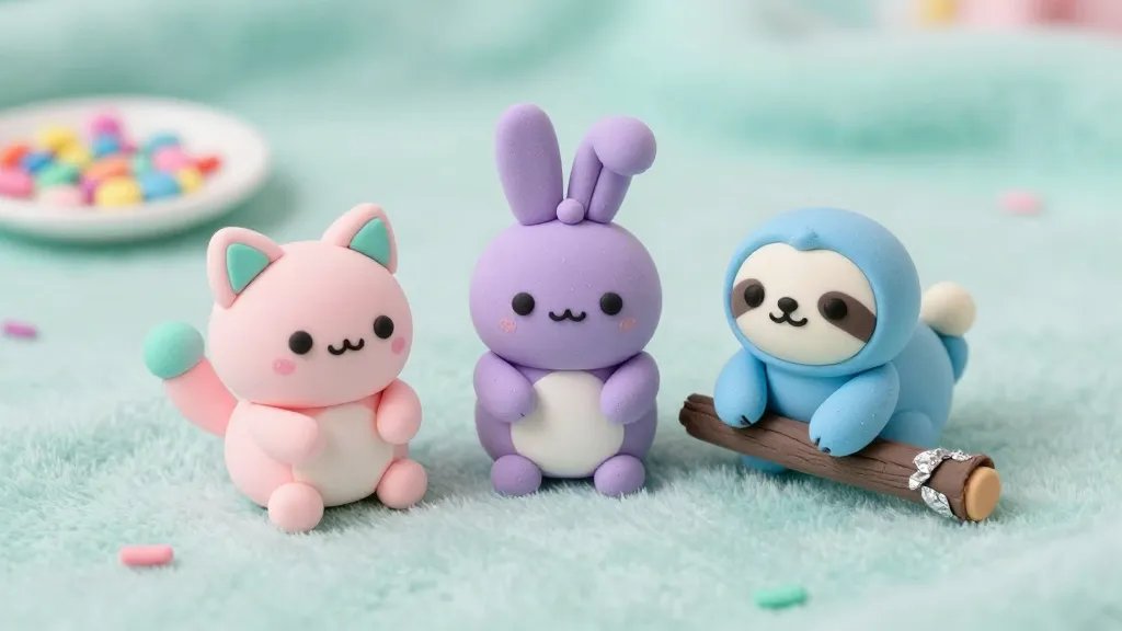 A cozy, pastel-toned scene featuring three tiny kawaii animal figurines made from polymer clay: a pale pink cat with mint ears, a lavender bunny with ivory belly, and a baby blue sloth perched on a small foil armature branch. Each figure has simple black dot eyes, a tiny smile, minimal detailing, and a subtle sprinkle of glitter on their cheeks. The backdrop is a soft mint blanket with a tiny plate of pastel sprinkles, all in soft, non-textured lighting.