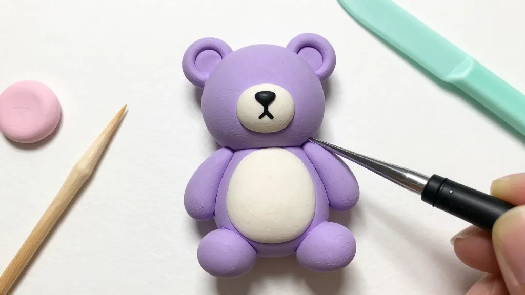 Close-up of a single beginner-friendly pastel animal figurine in progress: a lavender teddy bear with an ivory belly, crafted with a basic sculpting tool, showing a simple round body, short stubby limbs, and a tiny black marker facial detail. Include nearby tools (toothpick, plastic knife), a small amount of clay in pale pink and mint, and a light glaze sheen on the surface to suggest a gentle varnish.