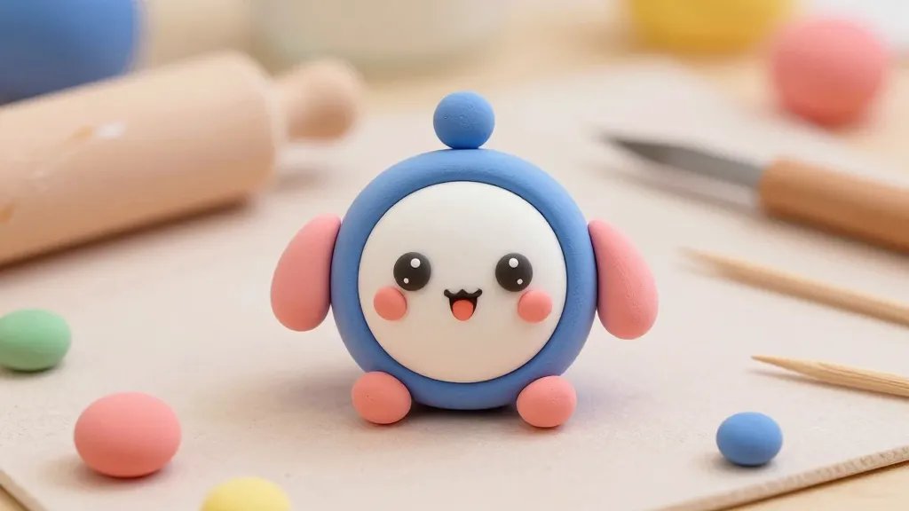 A close-up scene of a clay crafting workspace featuring a smiling kawaii character being formed from polymer clay: bright pastel colors, a round circular face with large sparkly eyes and a tiny open mouth, tiny clay tools (rolling pin, sharp hobby knife, toothpick) scattered on a soft pastel mat, with soft, warm lighting and a subtle bokeh background to emphasize the character creation process.
