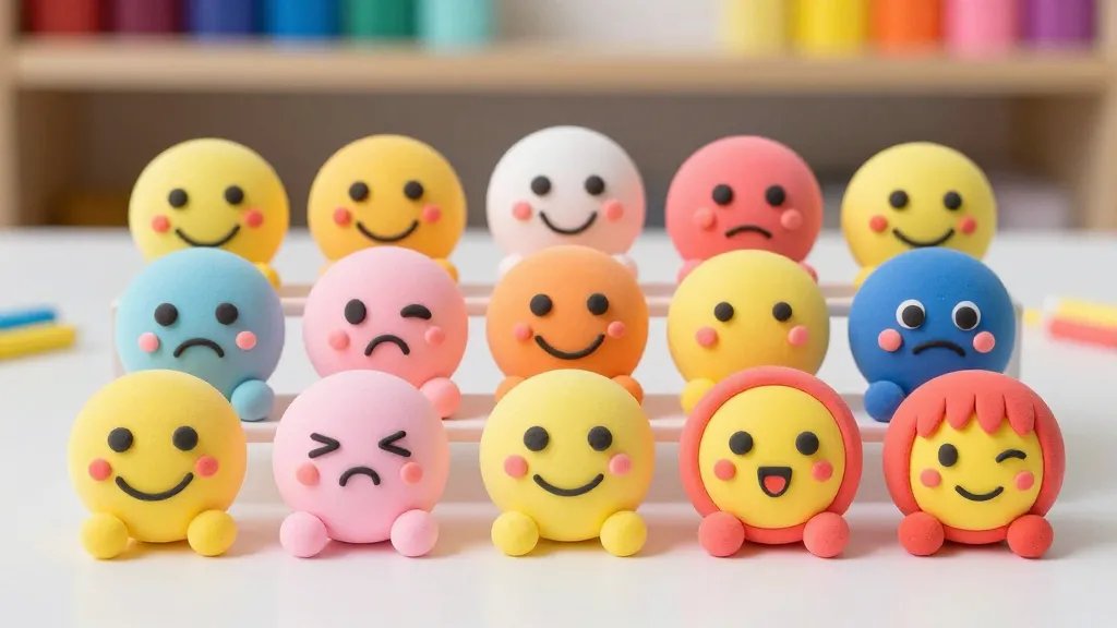 A playful diorama-style setup showcasing multiple kawaii smiley clay characters in different moods (mega-cute, pastel dream, bold chibi) arranged on a mini display stand, each character with distinct eye shapes and mouths, surrounded by color palettes of cheerful hues, with a faint, out-of-focus craft shelf in the background.