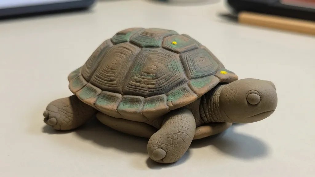 A cute clay turtle sitting on a neutral desk surface, featuring a richly textured shell made with a pattern created from a texture sponge and bottle brush, showing subtle greens and browns with a tiny pop of yellow for detail, and a soft, natural lighting that highlights the shell texture and tiny facial expression; no text included.