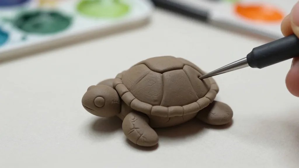 Close-up shot of a small air-dry clay turtle being shaped with a needle tool, focusing on the intricate shell texture and three-dimensional ridges, with a blurred craft workspace in the background and a palette of greens, browns, and a hint of orange for accents, no text.