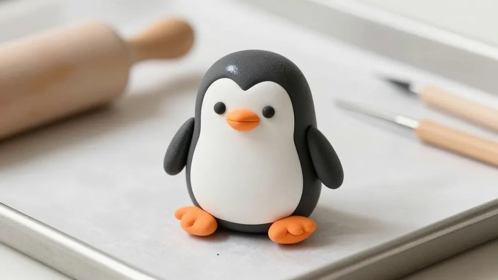 A cute clay penguin crafted from black and white polymer clay, with a small orange beak and orange feet, sitting cheerfully on a parchment-lined baking tray. The penguin has a smooth, rounded body, tiny glossy eyes, and a subtle finish highlighting a glossy glaze. Include a simple rolling pin and a few clay tools in the soft-focus background to imply a cozy, one-sitting crafting moment.