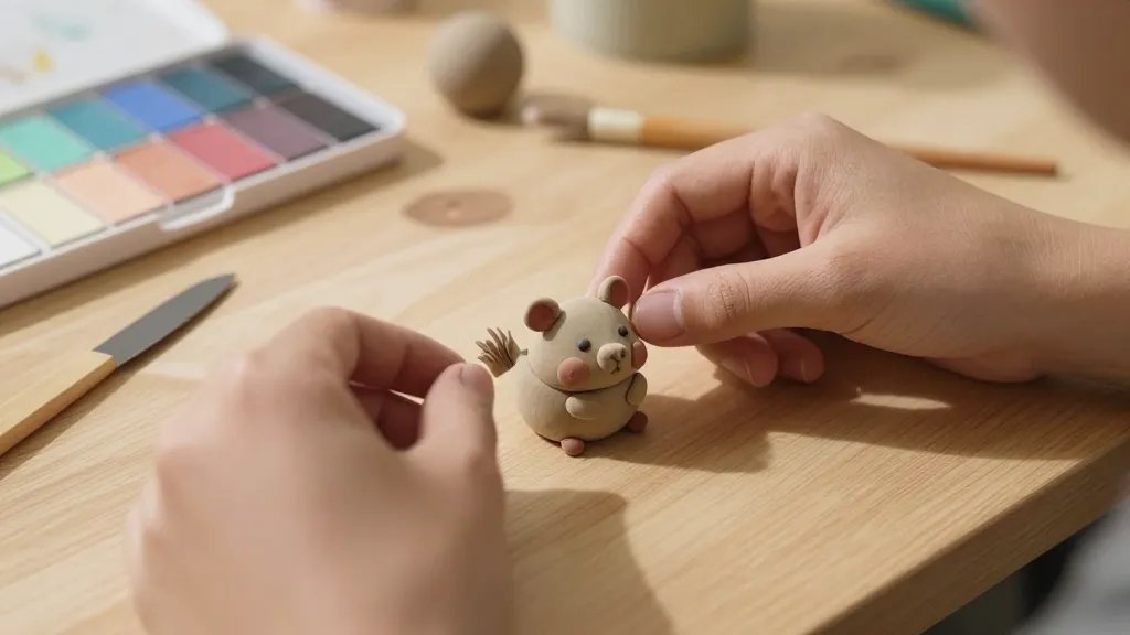 A cozy, sunlit workspace with a pair of hands shaping a tiny hamster from air-dry clay on a wooden table. The scene shows simple tools (blade, shaping ball, small brush) and a pastel palette, with a partially finished tiny hamster featuring round cheeks, small ears, and a fluffy tail. Soft shadows and a warm, beginner-friendly vibe, no text.