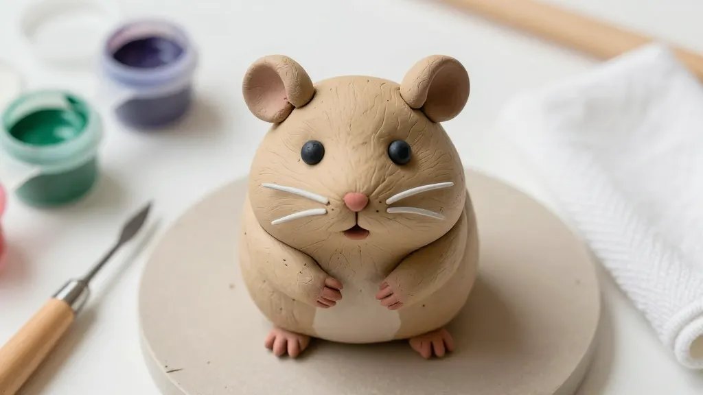 Close-up overhead shot of a mini hamster clay sculpture at the finishing stage, focusing on details like tiny paws and whiskers painted with acrylics. Surrounding it are basic supplies: a sheet of clay, a few color pots, a small carving tool, and a damp cloth. Bright, clean background with subtle crafts-in-progress atmosphere, no text.