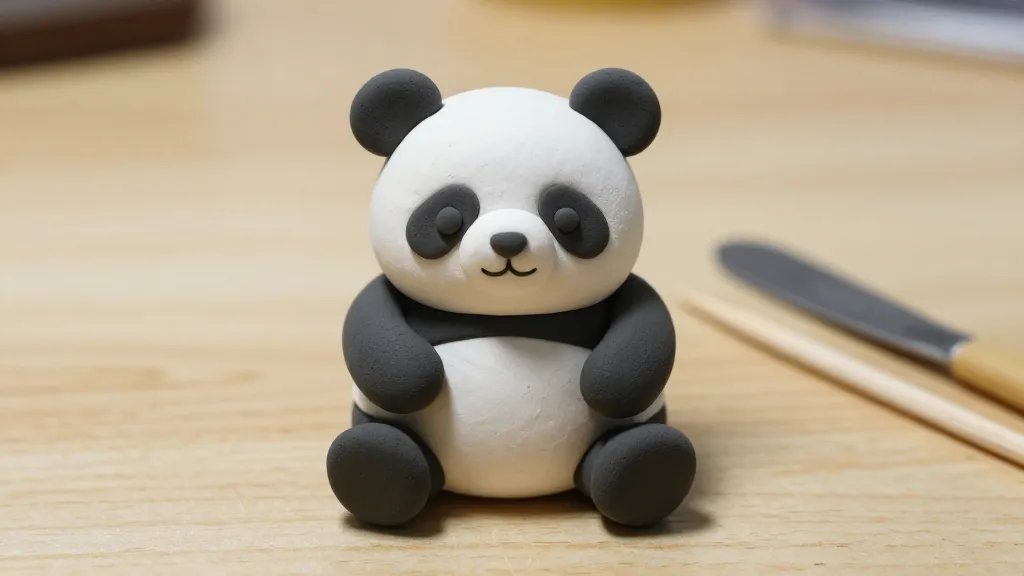 A close-up, high-detail shot of a tiny, chunky panda clay sculpture sitting on a light wooden desk, with visible black ear patches, tiny black eye patches, and a smug smile. Include subtle shadows, a few clay tools (toothpick, old scraper) beside it, and soft natural lighting to emphasize smooth surfaces and tactile texture.