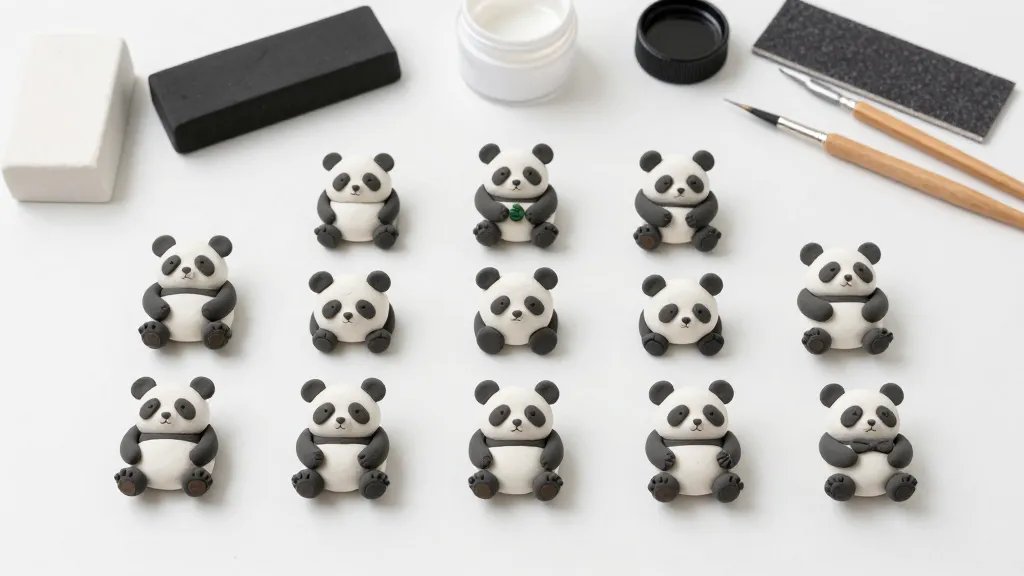 An overhead, flat-lay composition featuring multiple mini panda clay figures at different poses on a clean white work surface, with white and black clay blocks, a small jar of sealant, sandpaper, and sculpting tools arranged neatly in the background, highlighting the craft process and tiny details.