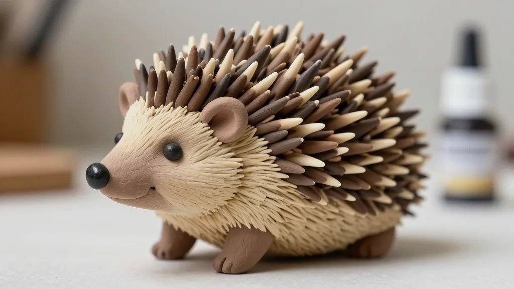 Close-up of a finished desk-size hedgehog clay figure framed against a blurred blurred background; focus on the intricate spines along the back, creamy brown and beige fur tones, glossy nose, subtle facial expression, with a small amount of acrylic paints and a sealant bottle in the background, no text on the image.