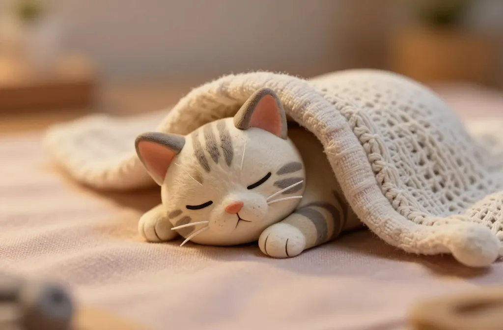 Cute Sleeping Kitten Clay Figure: Cozy Handmade Charm