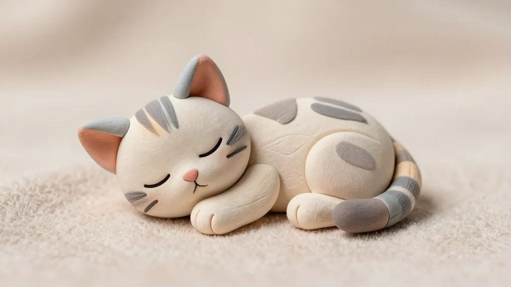 A tiny sleeping kitten clay figure on a soft pastel blanket, with closed eyes, tiny folded paws, and a curled tail, in warm studio lighting; include subtle textures of air-dry clay and delicate hand-painted fur patterns in muted pastel colors, no background text.