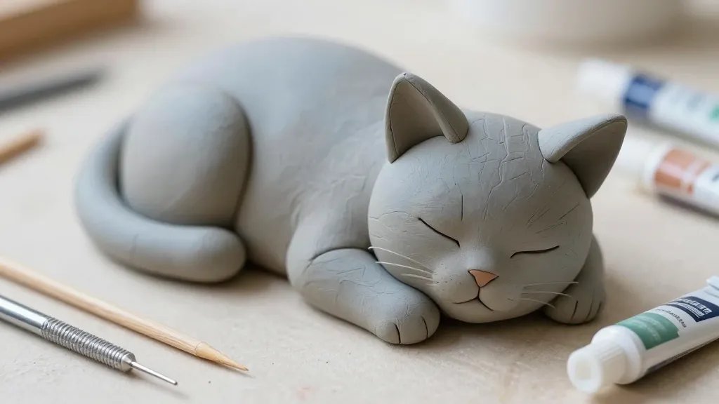A close-up of a sleeping kitten sculpture in progress: an armature under gray-blue clay, small tools scattered nearby (toothpick, needle tool), and micro paint tubes in soft hues; emphasize tactile clay texture, cozy mood, and gentle shadows, no text or branding.