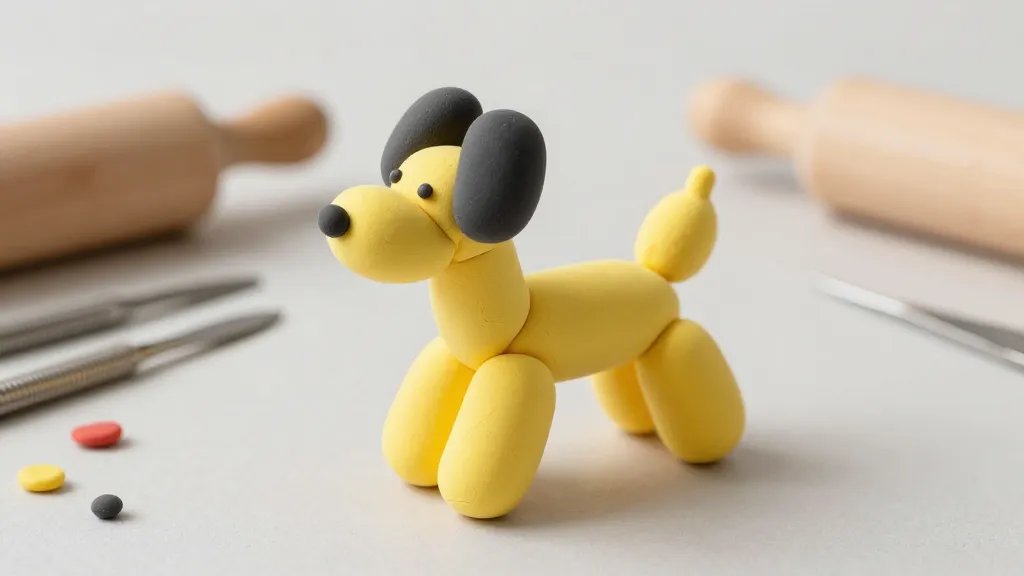 A close-up studio shot of a whimsical polymer clay balloon dog in progress: a bright yellow body with a smooth, rounded wobble, a small black head with tiny glossy eyes, and a delicate clay tail; scattered tools (rolling pin, small blade, shaping tools) and a few colorful clay scraps on a clean neutral work surface, soft natural lighting, shallow depth of field focusing on the dog.