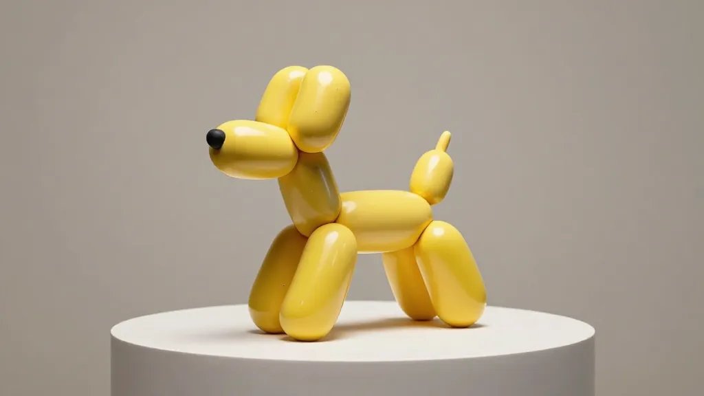 A fully assembled polymer clay balloon dog sculpture on a minimalist display pedestal: glossy yellow body with a subtle metallic accent on the neck and a tiny black nose, expressive wobble in proportions, a curious stance as if about to wag, with a simple background and gentle spotlight to highlight textures and imperfections that give it character.