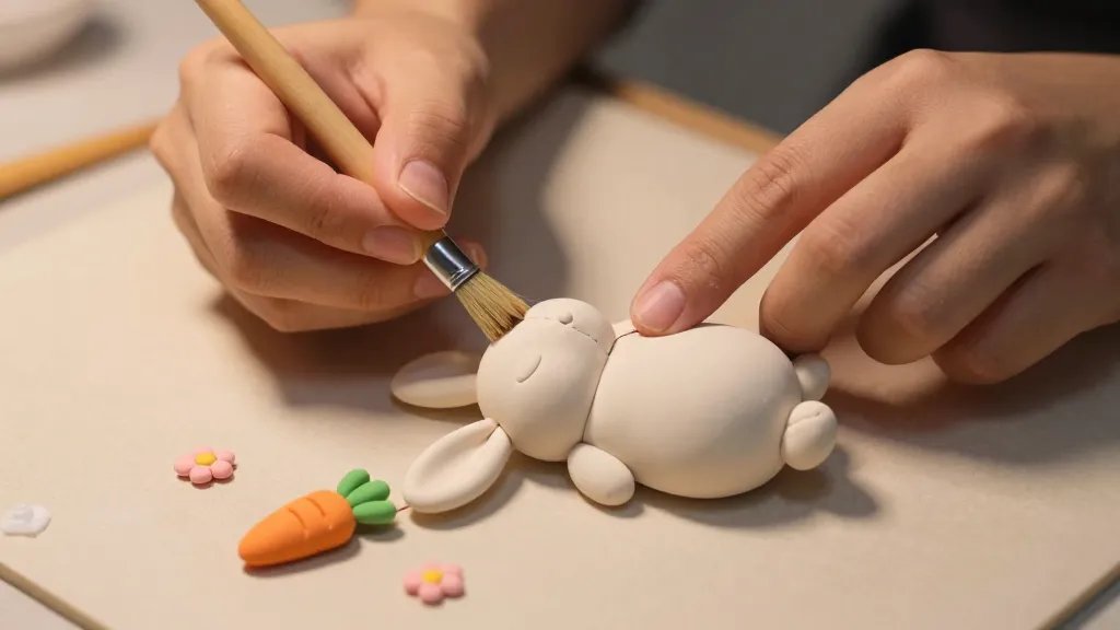 A close-up scene showing the process: a pair of hands smoothing seams with a damp brush over a pale clay bunny body, several tiny accessories like a carrot charm and a tiny flower added with glue, on a craft mat with faint shadows and warm studio lighting, no text or logos.