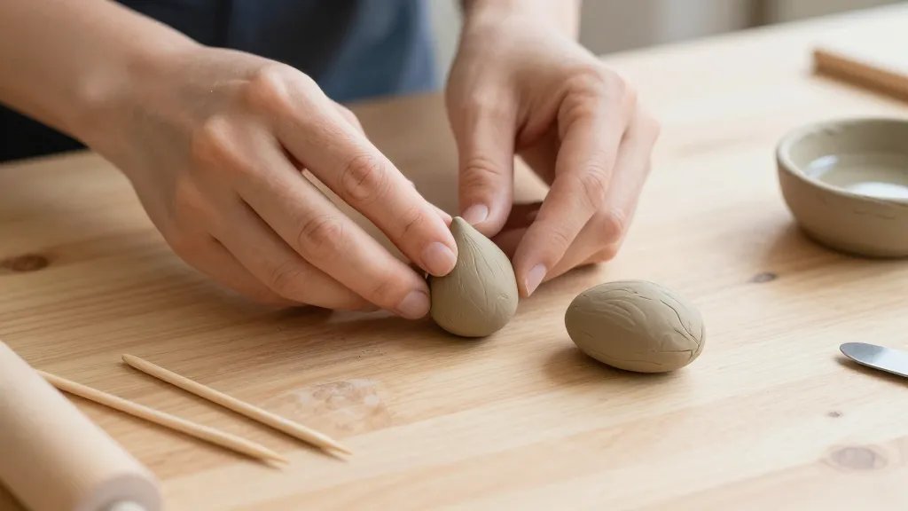 A close-up scene of hands shaping a small teardrop-shaped body and a separate oval head from light brown air-dry clay on a simple wooden table, with a few basic tools (toothpick, dull knife, rolling pin substitute) and a small bowl of water nearby, soft natural light, no text on the image.