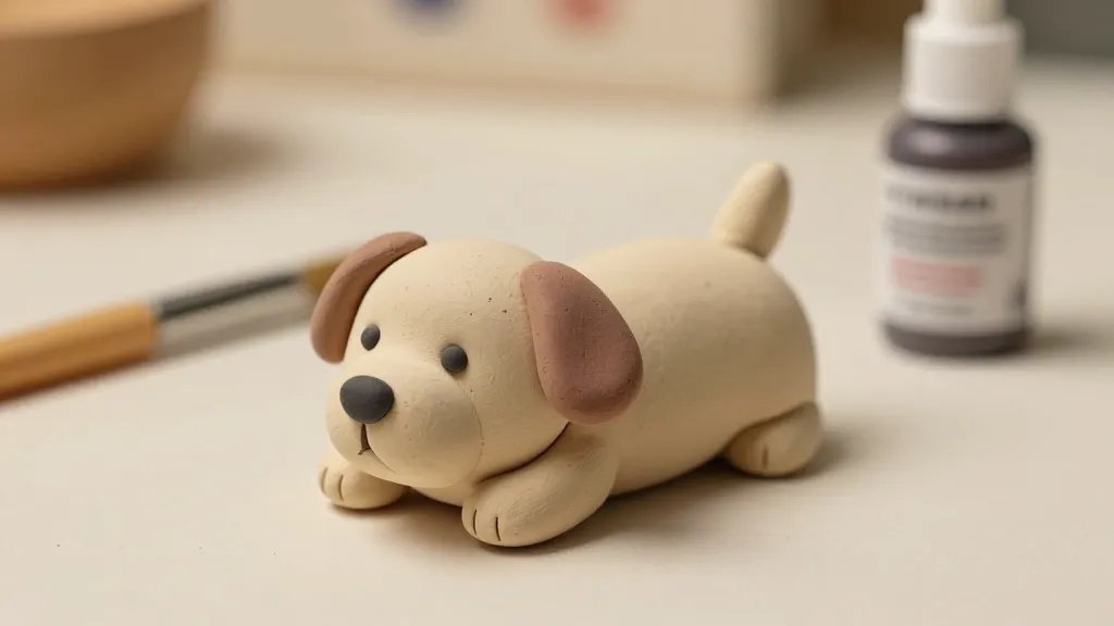 A finished, adorable clay puppy resting on a clean surface, showing subtle color pops with acrylic paints on tiny details (eyes, nose, ears), a brush and a sealant spray bottle in the background, warm cozy lighting, no text on the image.