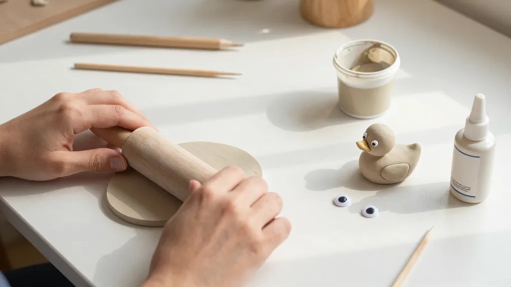 A cozy, sunlit work desk scene showing a hands-on clay crafting setup: a small rolling pin flattening light tan air-dry clay, a blunt toothpick tool, a cup of acrylic paints, a tiny assembled clay duck with a goofy expression in progress, googly eyes nearby, and a sealant bottle within reach; soft shadows and a clean, organized surface.