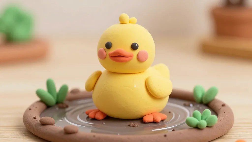 A whimsical close-up of a completed cute clay duck perched on a tiny muddy-made pond made from a painted, glossy base, with a glossy sealant sheen, tiny beads for added eyes, and a playful, cheeky smile crafted from the clay, all in a warm, friendly craft-space backdrop.