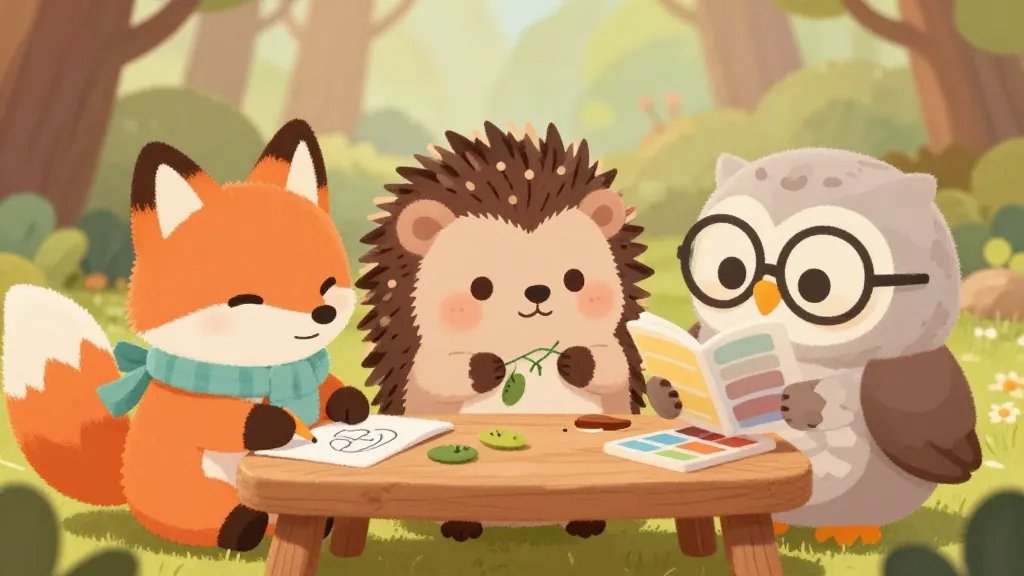 A cozy forest scene featuring three kawaii animal characters (a chubby fox with a scarf, a plump hedgehog with buttons, and a wise owl with oversized glasses) gathered around a tiny wooden craft table. The fox is sketching a logo, the hedgehog is stitching tiny felt leaves, and the owl is holding a color swatch book. Warm, pastel colors, soft textures, and whimsical, storybook lighting; no text or logos visible in the image.