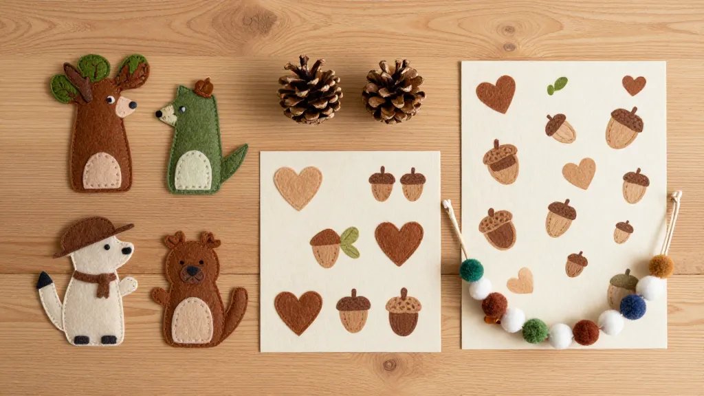 A cozy woodland themed craft spread, featuring a warm color palette of earthy browns, moss greens, and soft cream with a repeating motif of hearts and acorns. Include a neatly arranged flat-lay of three DIY projects (felt woodland creatures, pinecone ornaments, and a pom-pom garland) with clear step-by-step visual elements, all on a wood-textured background and soft natural lighting, no text on the image.