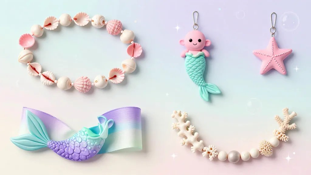 A pastel mermaid dreamy collection page, using a 3–5 color palette of blush pink, lavender, seafoam, pale aqua, and ivory. Show four compact craft projects (shell garland, starfish clay charms, gradient ombre ribbons, and coral-inspired beads) arranged in a cohesive, story-forward layout with whimsical bubbles and subtle sparkles, all on a light gradient backdrop and no typography.