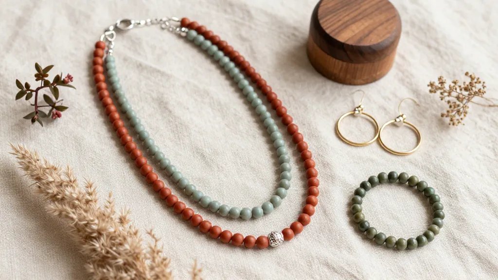 A cohesive, styled flat lay of a Boho-inspired jewelry collection: include layered beaded necklaces, hoop earrings, and a bracelet, arranged on a natural linen cloth with earthy tones (terracotta, cream, sage green) and complementary small decor like dried pampas, a wooden ring box, and accent plants; soft natural light, shallow depth of field to keep focus on the texture and craftsmanship; no text.