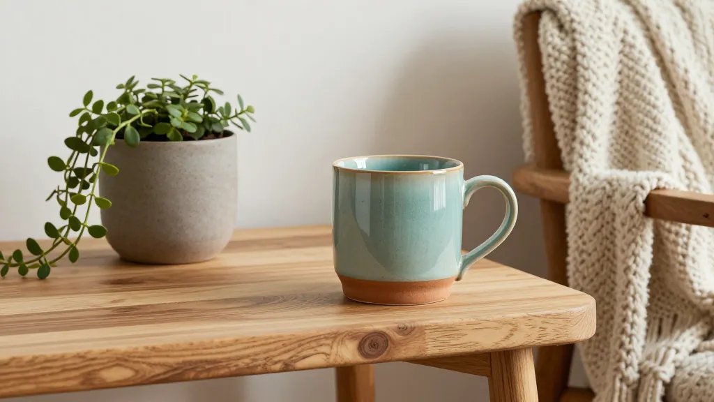A modern rustic home decor scene featuring a cohesive mini collection: hand-painted ceramic mugs, a wooden tabletop planter with trailing greenery, and a cozy knit throw draped over a chair; warm, inviting lighting, macro close-up on the mug glaze texture and wood grain, neutral palette with pops of muted teal and terracotta; clean background with subtle shadows, no text.