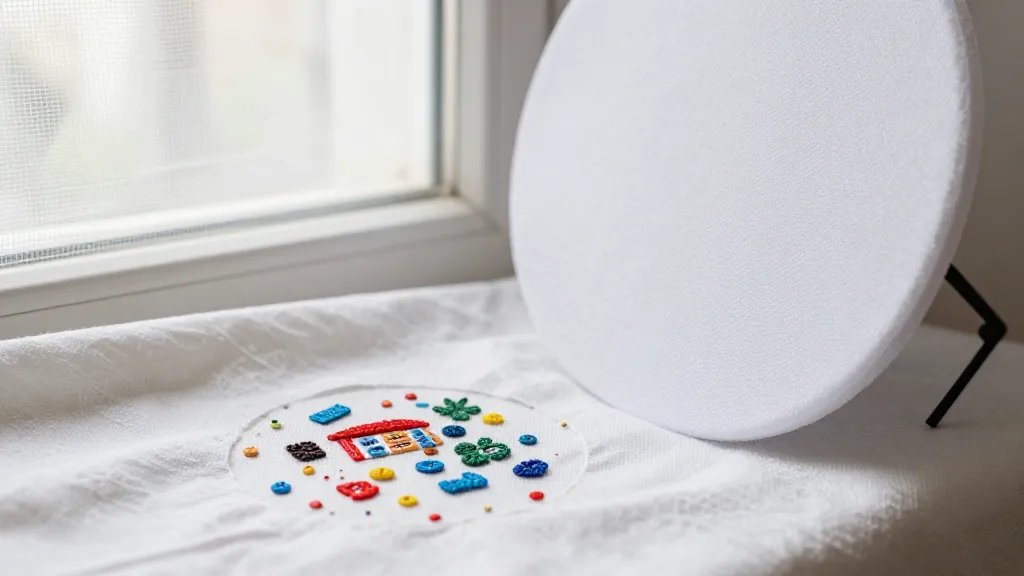 A close-up shot of a tiny handcrafted sewing kit resting on a soft, white fabric backdrop by a north-facing window, with diffuse light filtered through a sheer curtain and a white foam board reflector angled to bounce gentle light onto the textured surfaces; emphasize textures, colorful tiny pieces, and a clear narrative focal point (e.g., a small needlework scene) without any text visible.