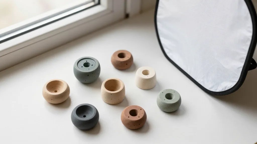 An overhead lifestyle shot of several small crafts arranged on a clean neutral surface near natural window light, using a lightbox subtly under the arrangement to create soft, even illumination; include a white poster board reflector on the opposite side to bounce light, highlight tiny details and color variety, and ensure no background words or logos appear.
