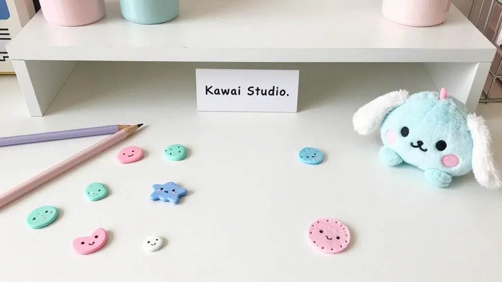 A cozy, sunlit craft workspace featuring pastel-toned kawaii supplies: soft colored polymer clay, tiny felt shapes, a plush plushie in progress, and a clean white desk with a small sign that reads “Kawaii Studio.” The scene should have a soft, playful vibe with 2–3 main colors (pale pink, baby blue, mint green) and subtle sprinkles of sparkles, but no text visible in the image.
