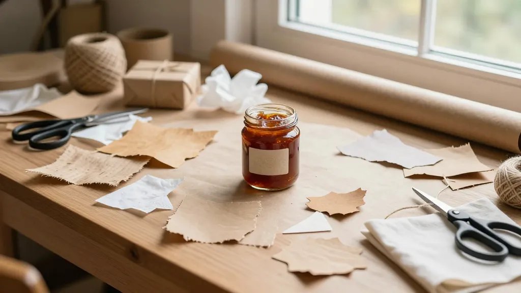 A cozy, eco-friendly gift-wrapping setup for handmade goods: include a craft table with scattered recycled paper, tissue, and fabric scraps in warm earth tones; a jar of homemade jam or a small handcrafted item sits at the center; natural light streaming through a window; nearby tools like scissors, twine, and a roll of kraft paper; the scene should feel inviting and artisanal, with textures highlighting paper fibers and fabric. No text on the image.