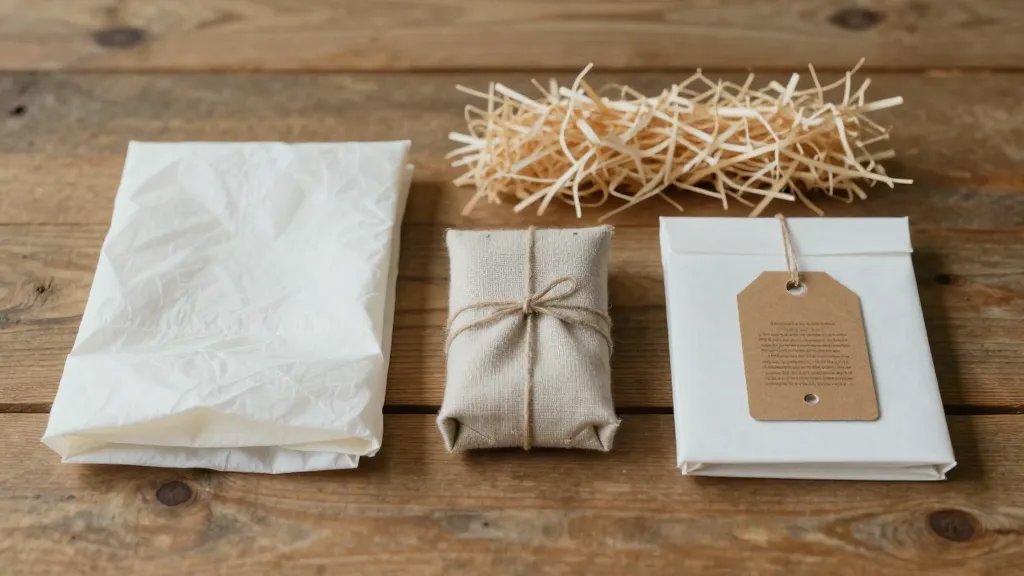 An unboxing-ready presentation of a handmade item: lay on a rustic wooden surface with layered packaging materials (folded tissue, shredded paper, a fabric wrap, and a printed cardboard tag) arranged neatly around a small, clearly crafted piece; soft shadows, warm lighting, and a minimalist background to emphasize the packaging materials and the care put into the wrap; no text on the image.