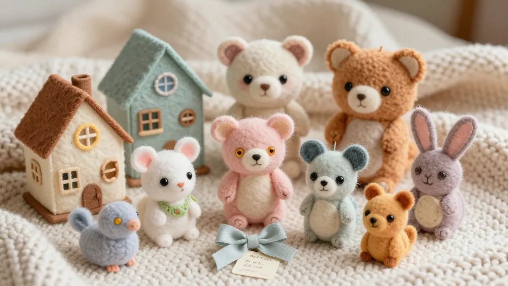 A cozy, sunlit scene featuring a collection of plush and felt friends: tiny animals with bright button eyes, pastel colors, and subtle handmade textures. Include miniature houses and whimsical creatures arranged on a soft knit blanket with a tiny bow and a handwritten-style tag visible, but no text in the image. The setting should emphasize warmth, safety, and high-quality stitching.